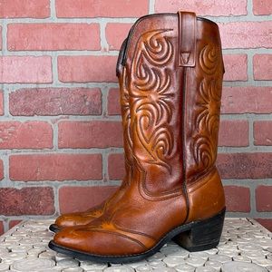 Vintage Brown Leather Tall Heeled Embroidered Cowboy Boots 7.5